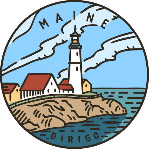 Vintage vector round label. Maine Lighthouse. Ocean