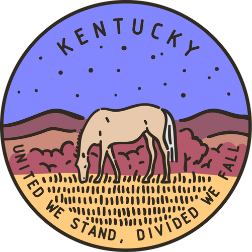 Vintage vector round label. Kentucky. River Eating horse