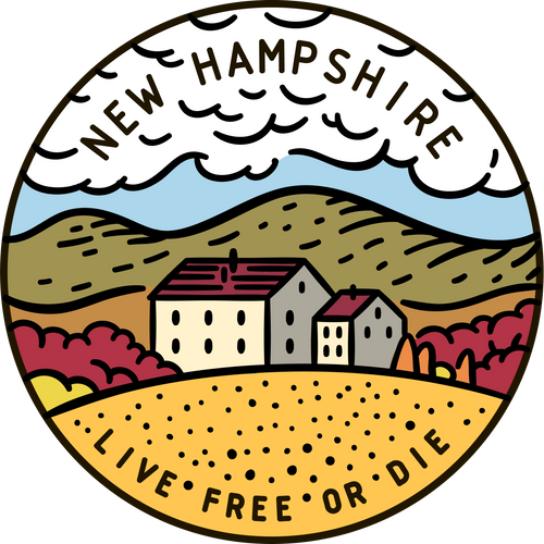Vintage vector round label. New Hampshire. Mountains.
